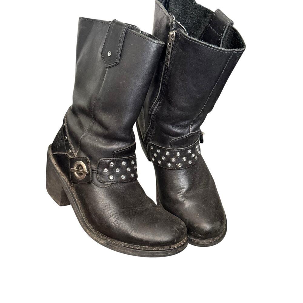 HARLEY DAVIDSON Sz 7 Macie rhinestone Studded Strap Leather Riding Boot Moto